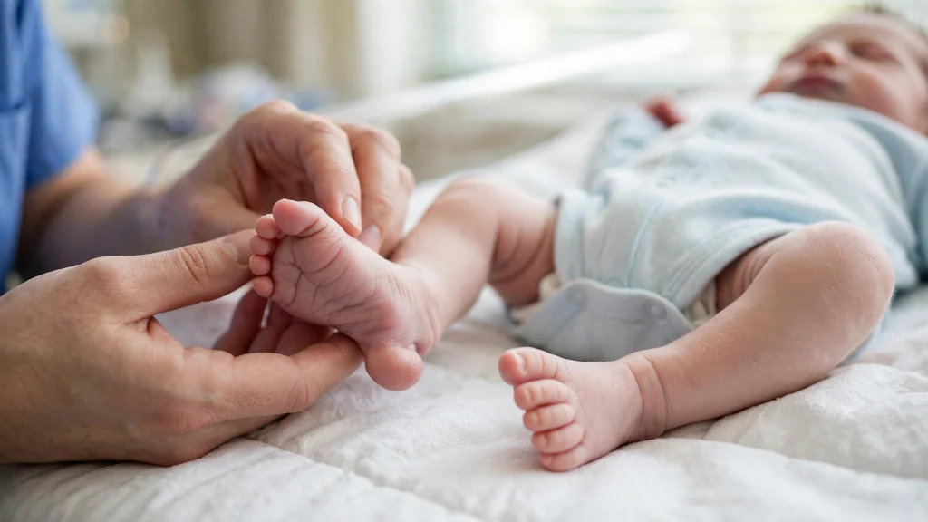 Newborn baby's feet being examined, potentially for clubfoot treatment.