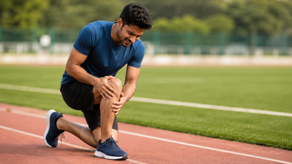 Man on running track holding knee in pain, indicating knee injury.