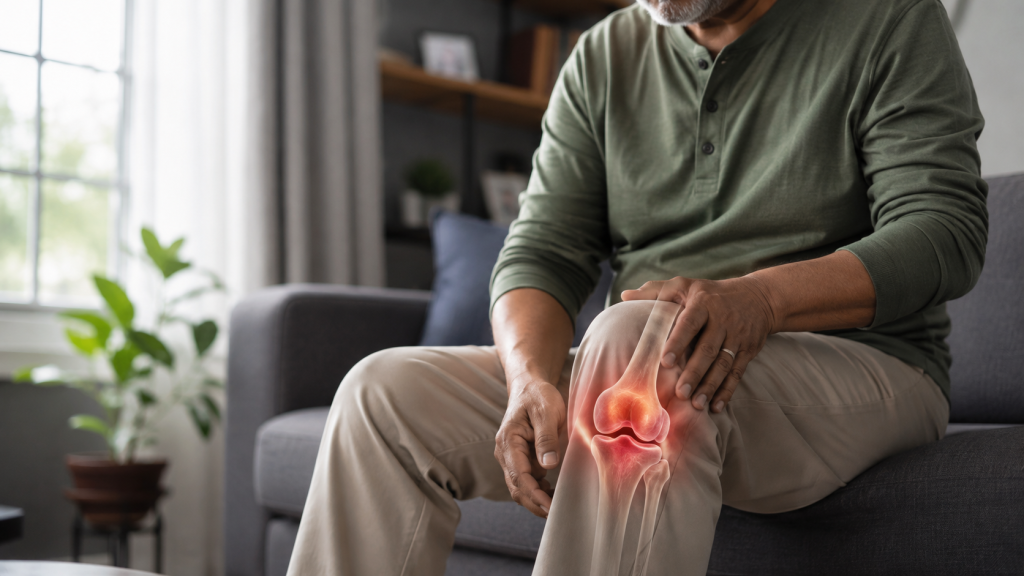 Man with highlighted knee pain, indicating the need to see an orthopedic doctor.