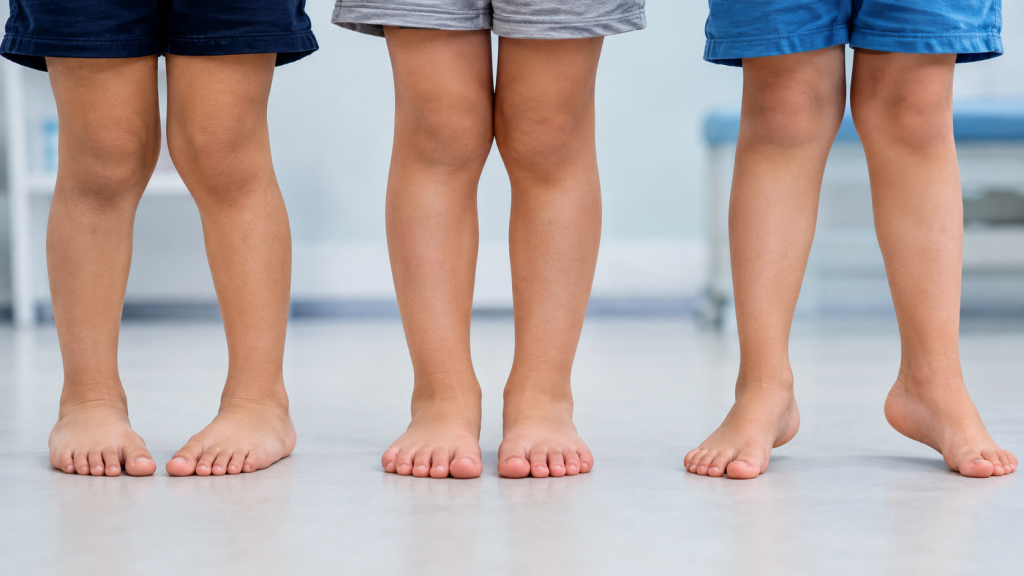 Children's bare feet showing common foot deformities, relevant to pediatric foot health.