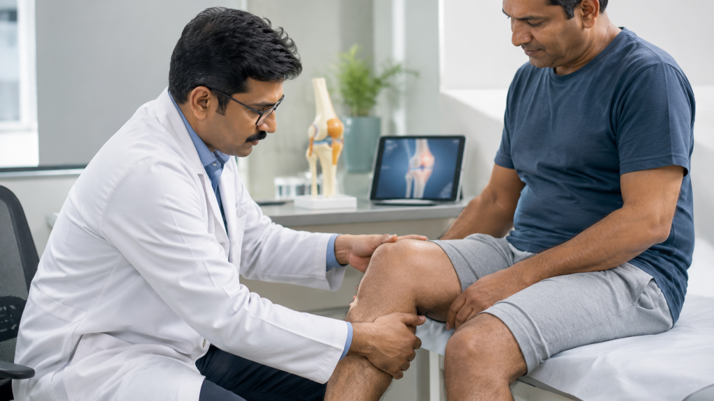 Indian orthopaedic doctor examining a patient’s knee during a clinic consultation.