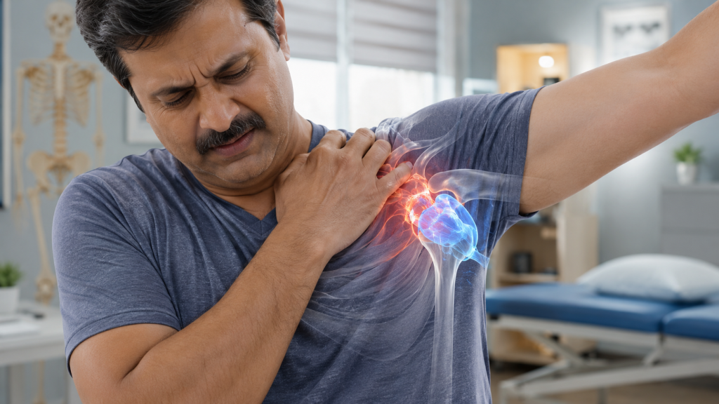 Man with shoulder pain, showing inflamed joint.