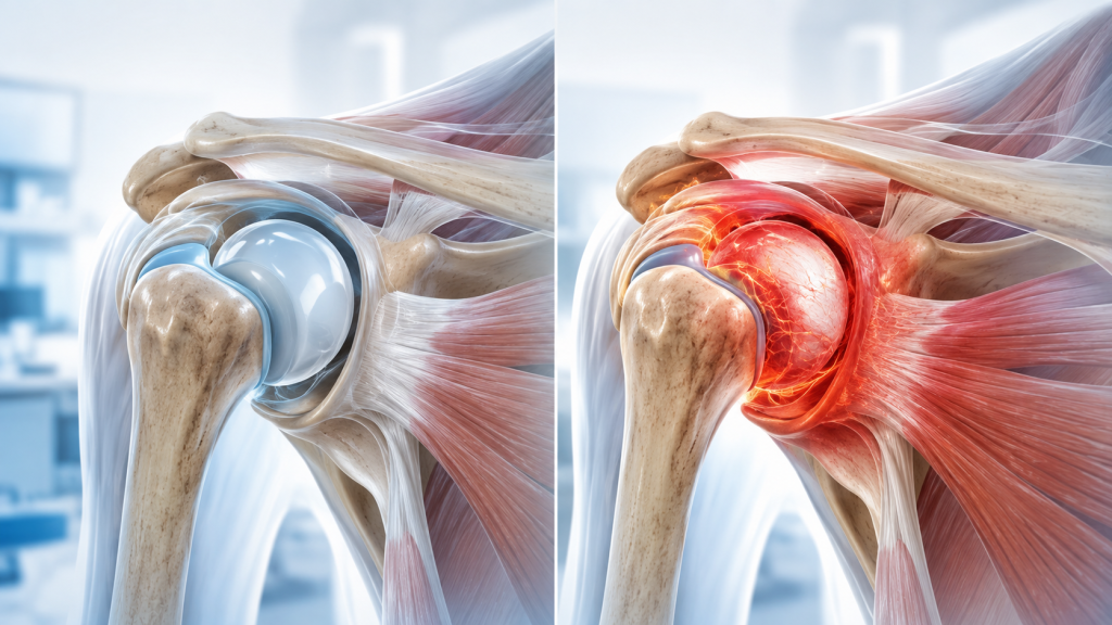 Split-screen medical illustration comparing a healthy shoulder joint with a frozen shoulder.