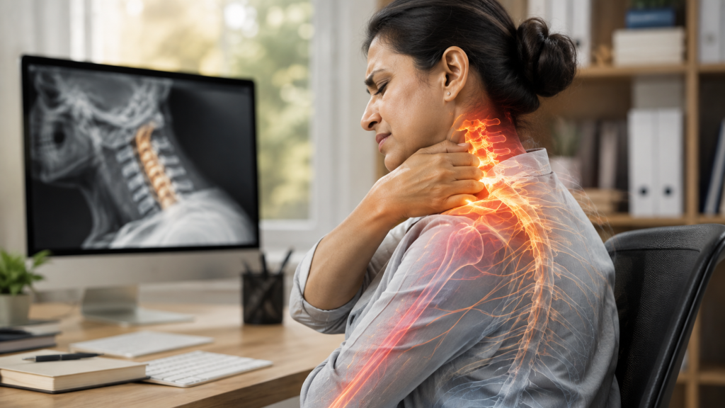 Woman with cervical spondylosis pain, spine highlighted.
