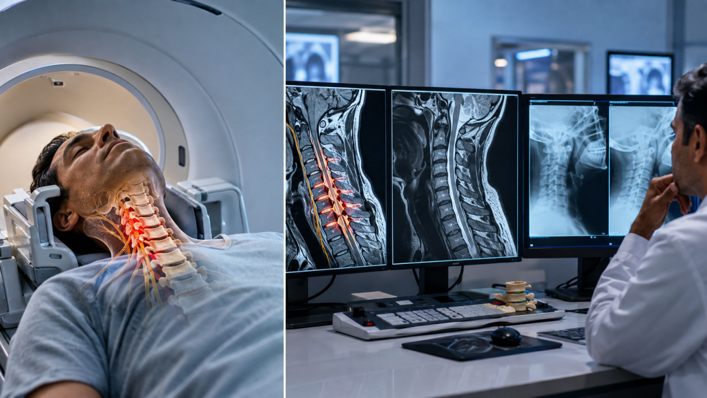 Man undergoing cervical MRI scan, doctor reviews spine images for cervical spondylosis treatment.