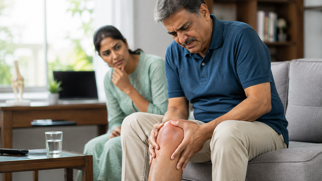 Man with knee pain, woman concerned; orthopedic specialist in Bhubaneswar
