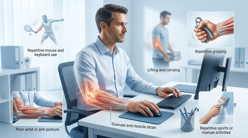 Man with elbow pain from repetitive work, showing causes like mouse use and lifting.