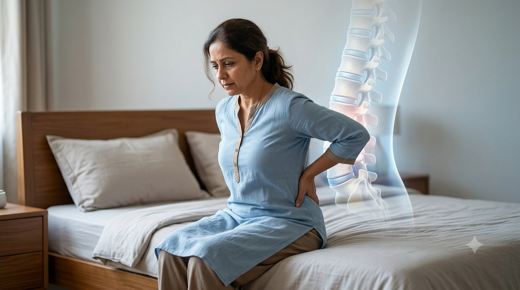 Woman with back pain, illustrating bone health and spine