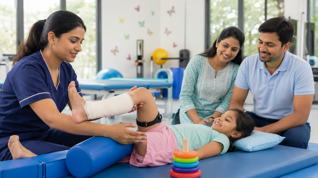 Paediatric orthopaedic physiotherapy session with a young girl, her parents, and a therapist.