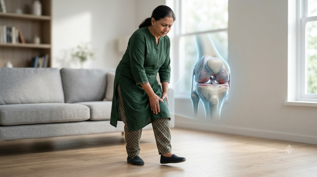 Woman experiencing knee pain, with a 3D model of a knee joint overlayed.