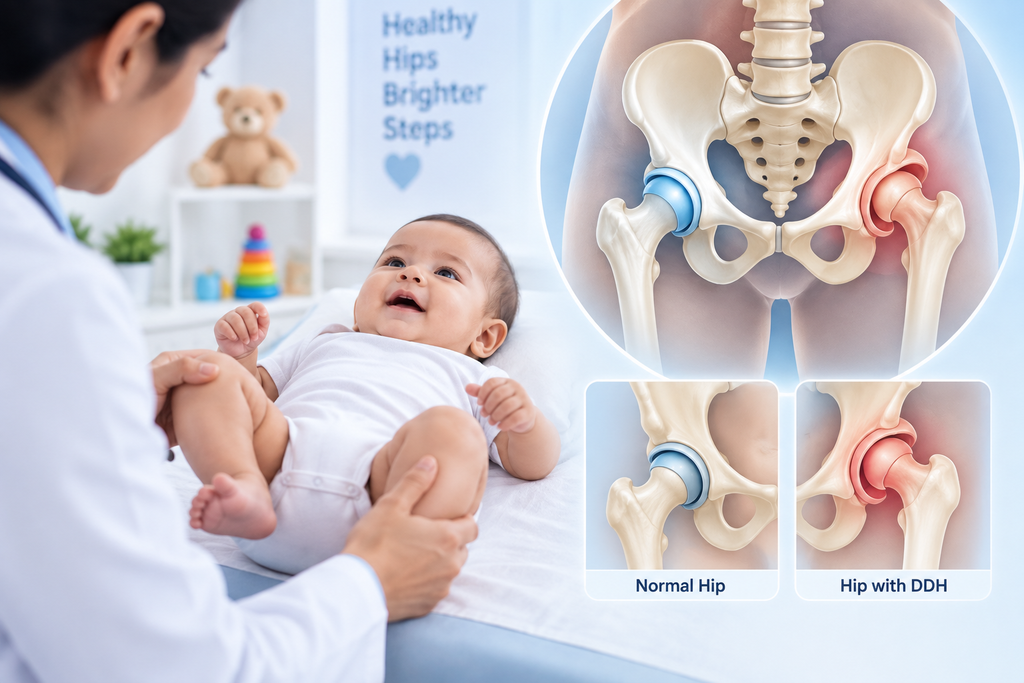 Doctor examines baby's hips, with illustrations showing normal vs. hip dysplasia.