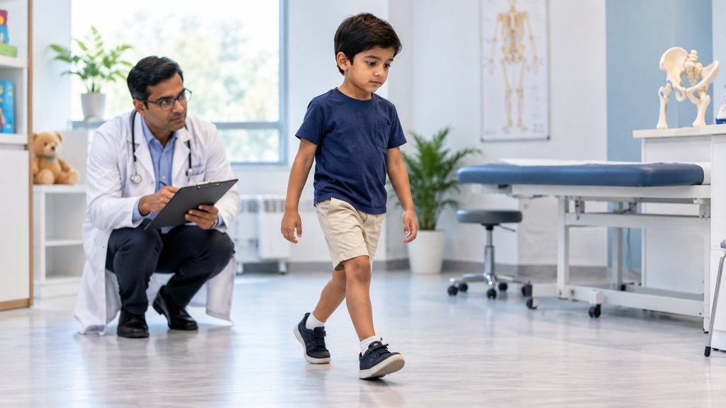 Doctor observes young boy walking, assessing potential foot or hip issues.