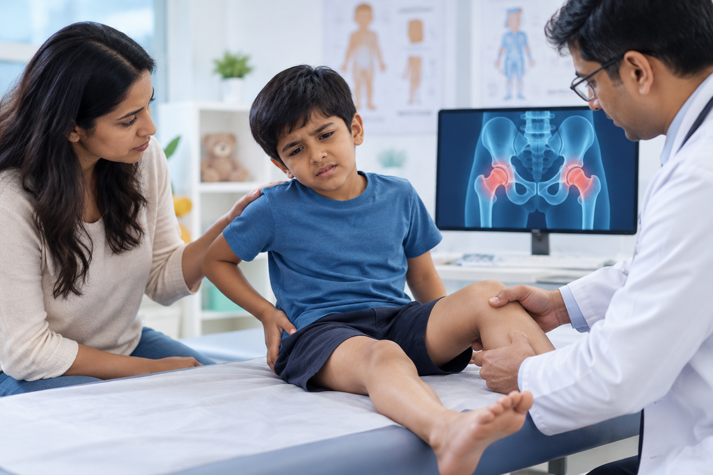 Doctor examines child's hip pain, with mother present. Medical display shows hip anatomy.