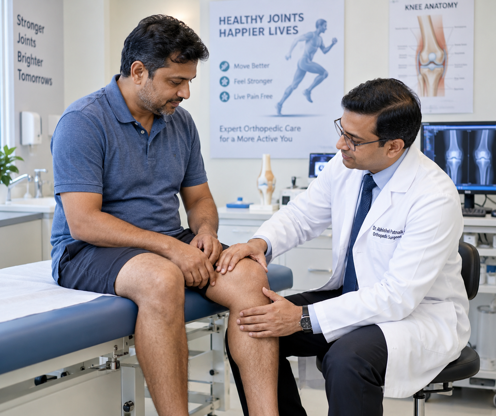Orthopedic surgeon examines patient's knee pain, discussing treatment options.