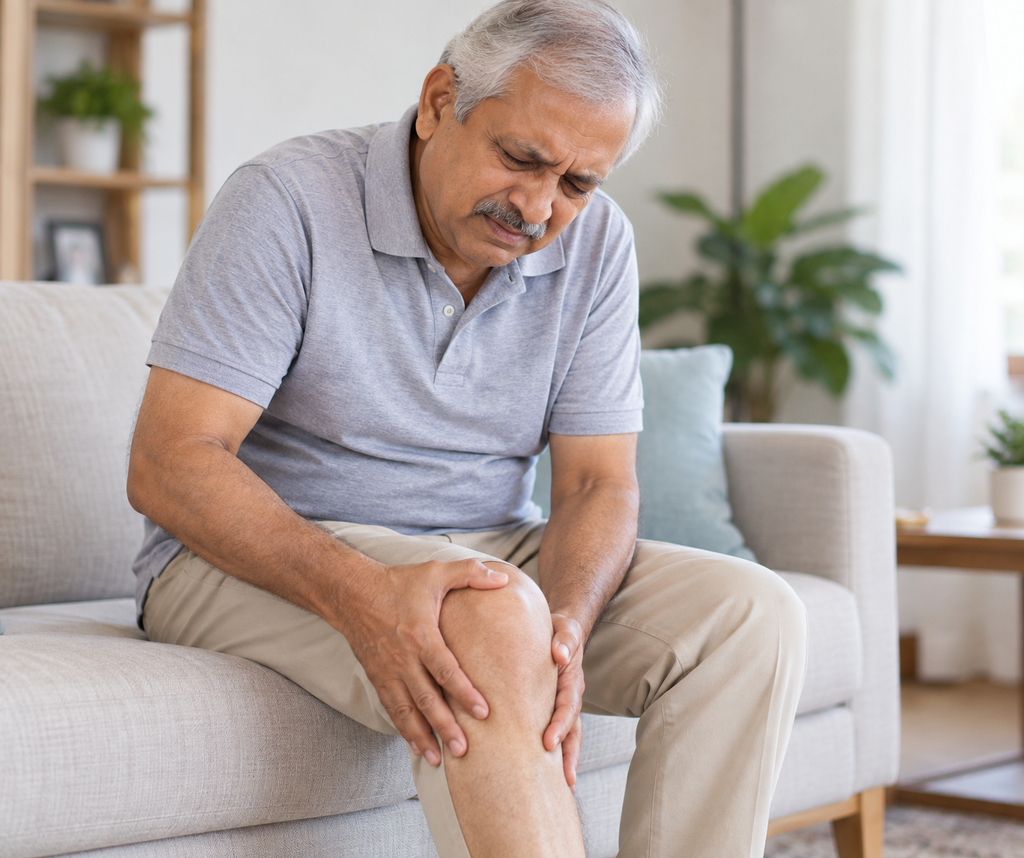 Elderly man experiencing knee pain, a sign for orthopedic consultation.