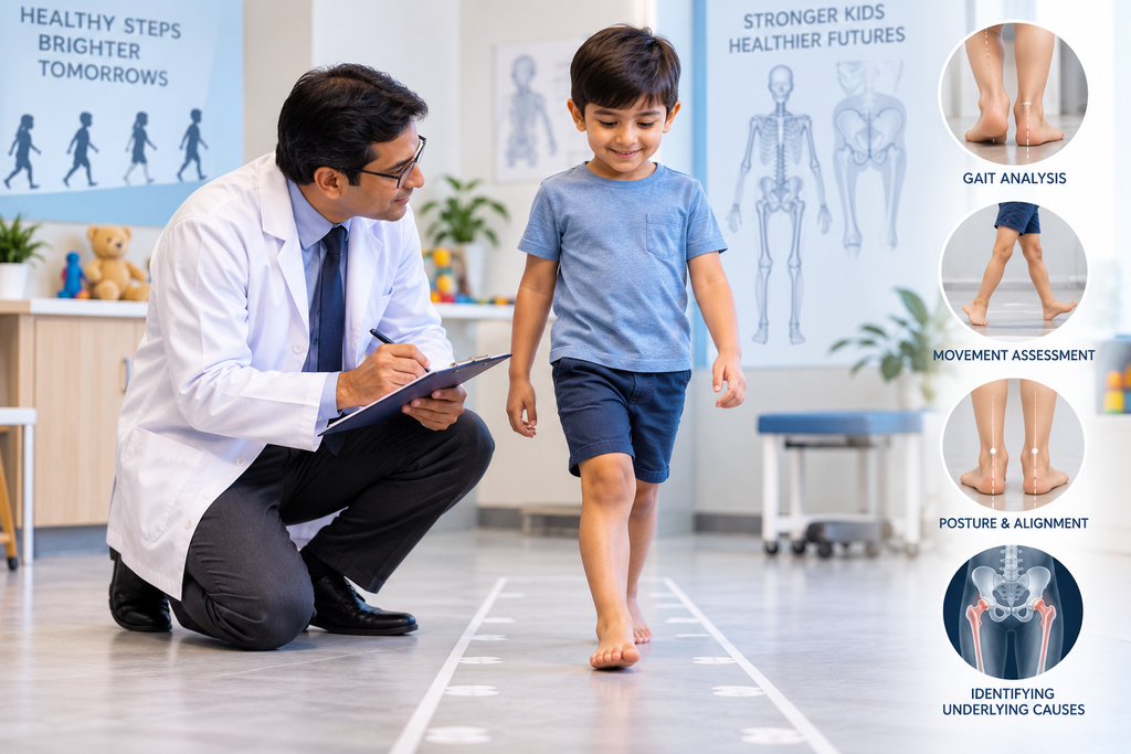 Doctor observing child's gait analysis for pediatric gait abnormality