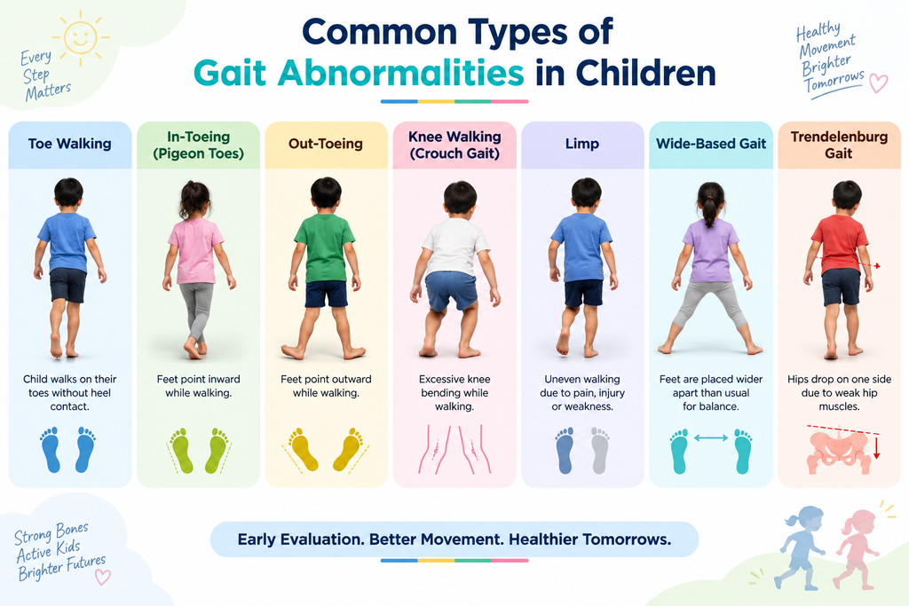 Common pediatric gait abnormalities: toe walking, in-toeing, out-toeing, knee walking, limp, wide-based gait, Trendelenburg gait.