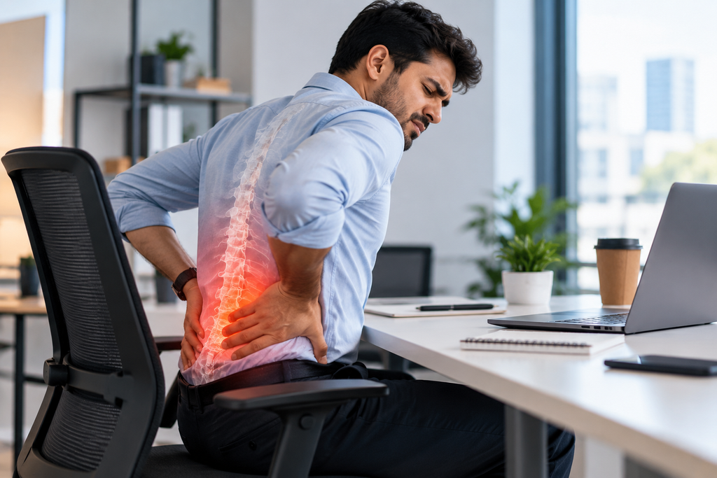 Man with back pain from sitting at a desk, highlighting spinal discomfort.