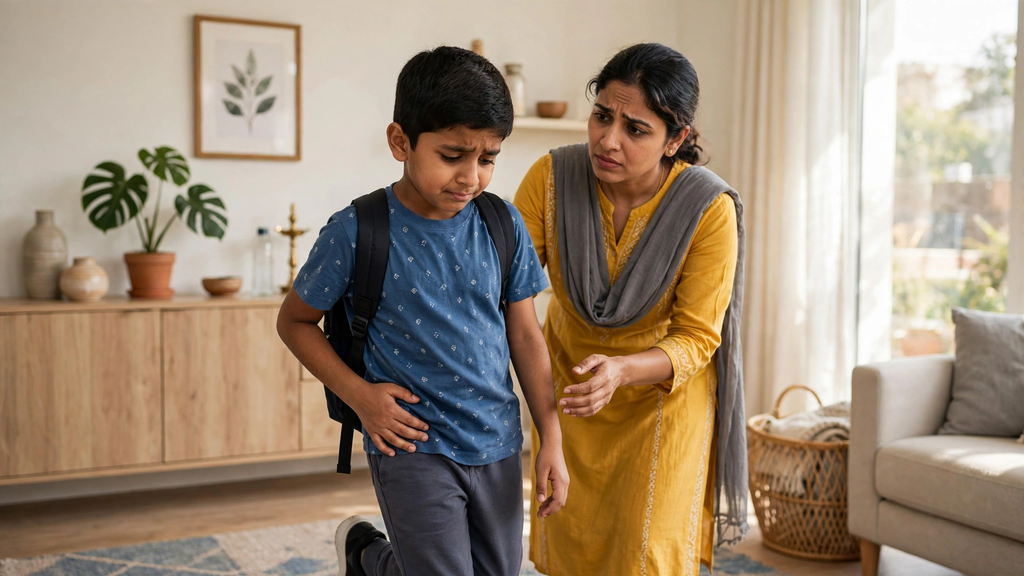 Mother comforts her son with hip pain, possibly indicating hip stiffness in children.