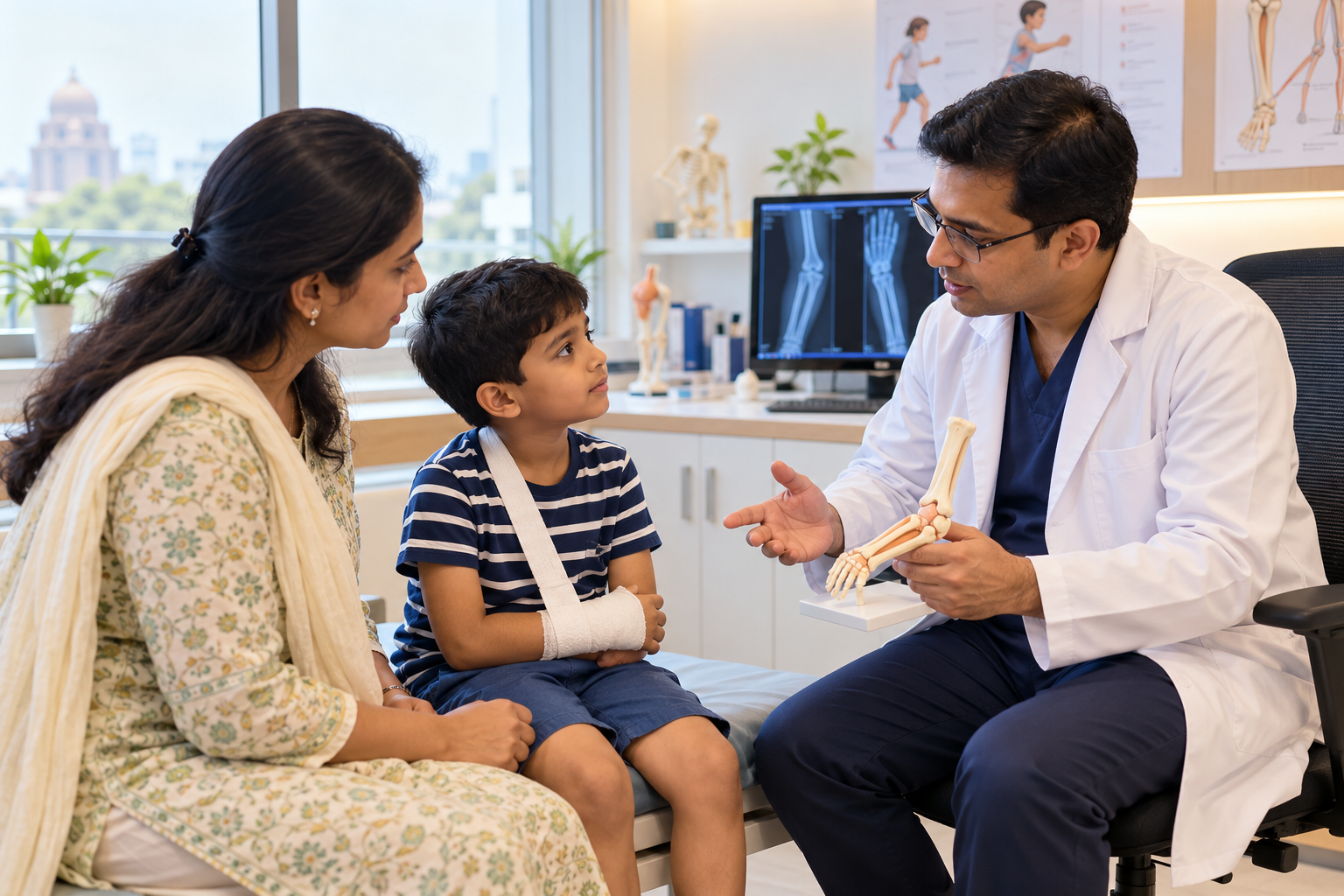 Doctor explains pediatric fracture treatment to mother and child.