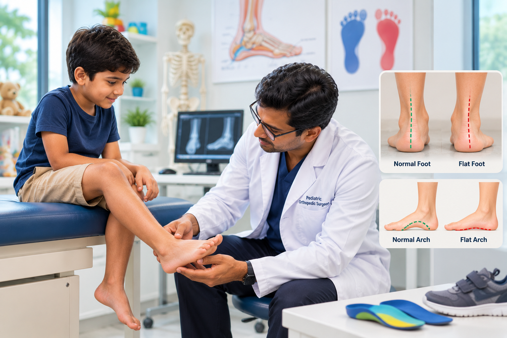 Doctor examines boy's foot, showing normal vs. flat foot arch comparison.