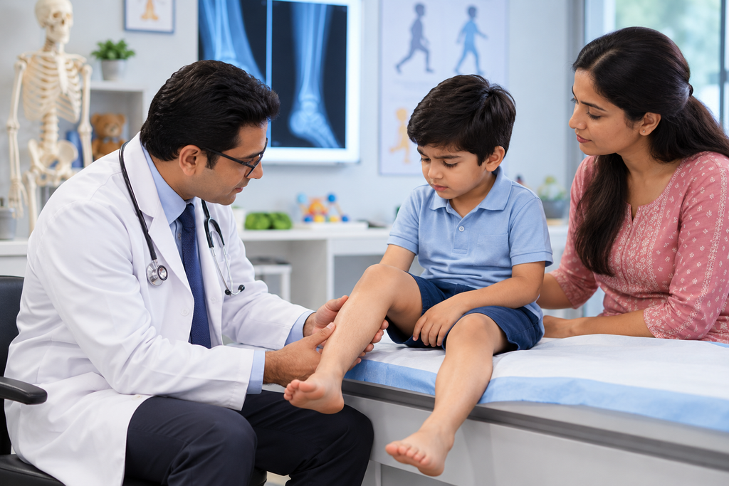 Pediatric orthopedic doctor examines young boy's leg with mother present.