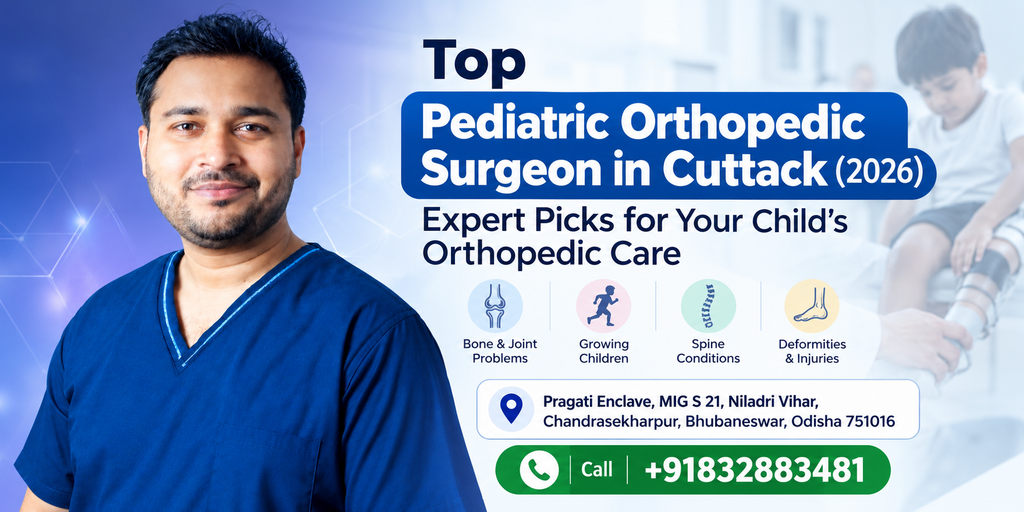 Pediatric orthopedic surgeon in Cuttack, with icons for bone problems, growing children, spine, and deformities.